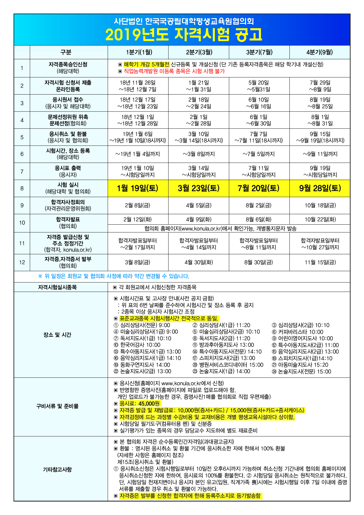 (사)한국국공립대학평생교육원협의회 2019년도 자격시험 일정 안내 첨부이미지