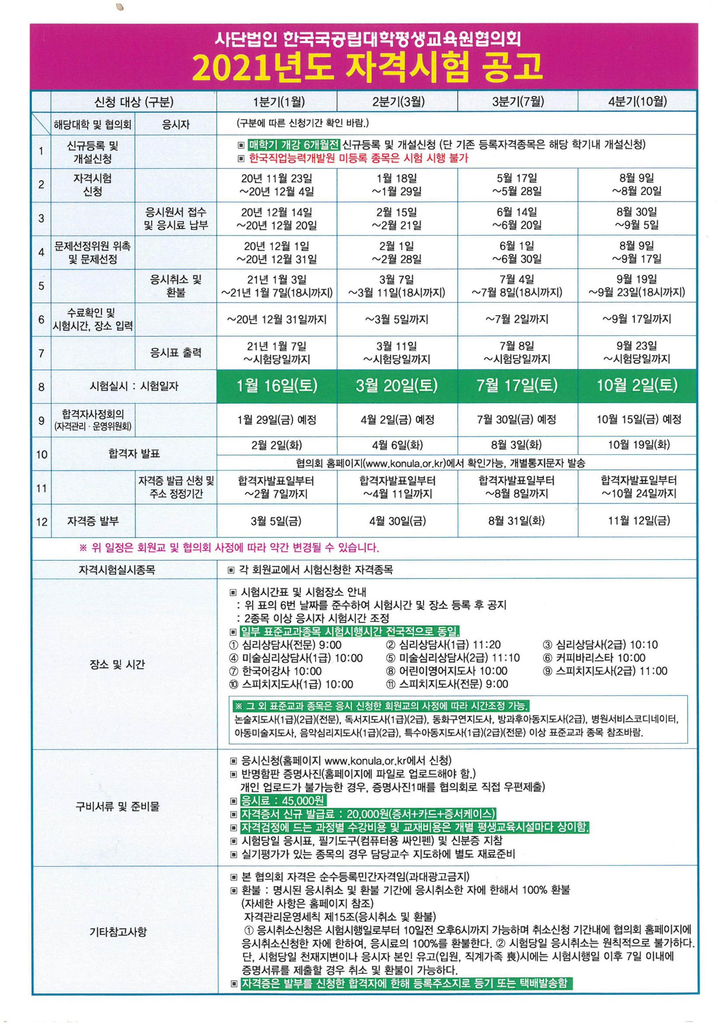 (사)한국국공립대학평생교육원협의회 2021년도 자격시험 일정안내 첨부이미지